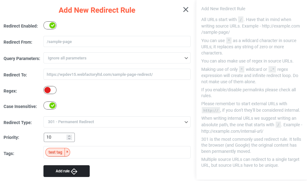 Add new redirect rule option